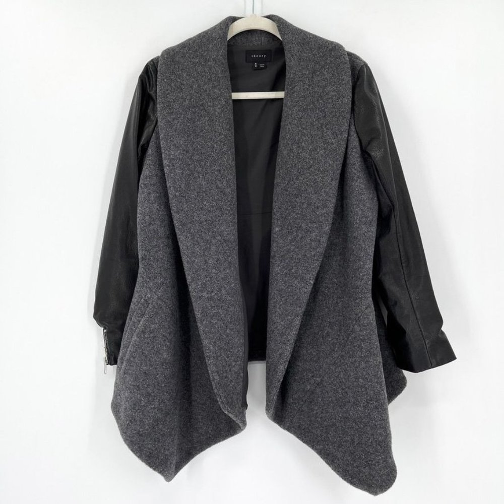 Theory Medium Laura Leather Sleeve Wool Cashmere Blazer Jacket Black Gray Pocket